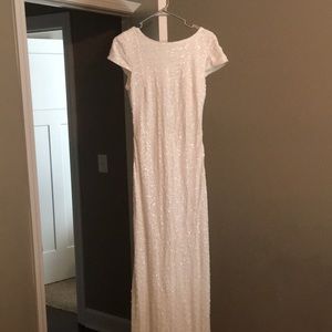 Badgley Mischka cap sleeve cowl back sequin gown